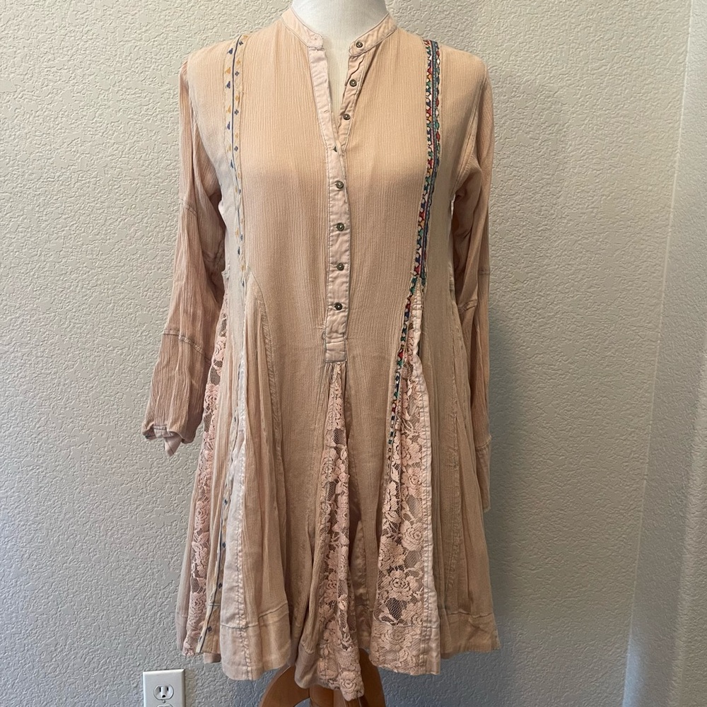 FP One Long Sleeve Lace Knee High Button Down Dress